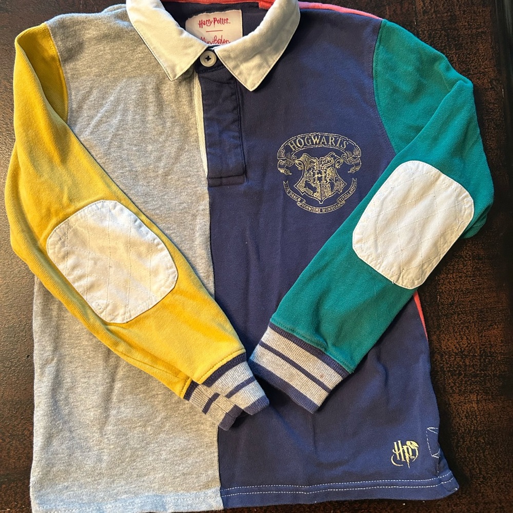 Mini Boden Colorblock Hogwarts Polo - Yellow, Blue, Teal, Gray, Red.